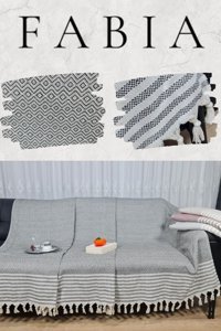 Fabia Home Pamuklu Örgü Püsküllü Süngersiz Armürlü Beyaz-Gri Tekli Koltuk Örtüsü 170x210 cm