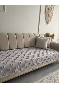 Hs Şönil Ponponlu Süngersiz Puantiyeli Gri Tekli Koltuk Örtüsü 80x230 cm