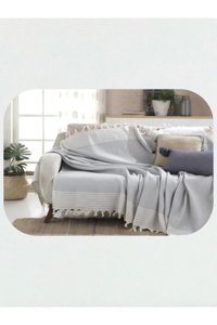 Rozet Tekstil Pamuklu Örgü Püsküllü Süngersiz Geometrik Desenli Gri Tekli Koltuk Örtüsü 170x200 cm