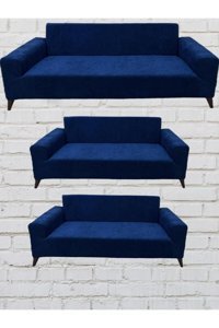 Şahane Ev Babyface Kadife Likralı Jakarlı Süngersiz Düz Giydirmeli Lastikli Kaymaz Mavi Üçlü Koltuk Örtüsü 5x110 cm