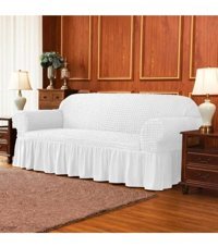Elgeyar Pamuklu - Polyester Bürümcük Jakarlı Süngersiz Armürlü Giydirmeli Beyaz Üçlü Koltuk Örtüsü 183x230 cm