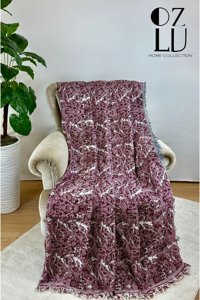 Özlü Home Pamuklu - Polyester Örgü Saçaklı Süngersiz Mermer Desenli Bordo Tekli Koltuk Örtüsü 170x220 cm