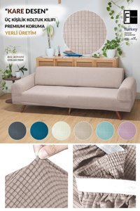 Faiend Polyester Süngersiz Düz Giydirmeli Vizon Üçlü Koltuk Örtüsü 180x220 cm