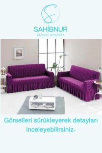 Sahibnur Pamuklu - Polyester Likralı Jakarlı Süngersiz Geometrik Desenli Giydirmeli Mor İkili Koltuk Örtüsü 185x215 cm