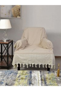 Bumedo Pamuklu Kanvas Püsküllü Süngersiz Armürlü Kahverengi Tekli Koltuk Örtüsü 150x180 cm
