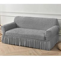 Furkanticaret Polyester Bürümcük-Likralı Fırfırlı Süngersiz Kapitone Giydirmeli Gri Üçlü Koltuk Örtüsü 180x230 cm