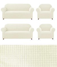 Uytm Pamuklu - Polyester Bürümcük-Likralı Süngerli Çizgili Giydirmeli Bej Dörtlü Koltuk Örtüsü 180x230 cm