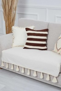 Aisha's Design KO-23-IK Pamuklu Örgü Püsküllü Süngersiz Düz Bej Tekli Koltuk Örtüsü 90x155 cm