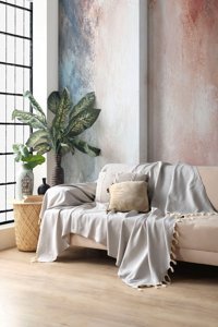 Miracolo Home Pamuklu Püsküllü Süngersiz Çizgili Bej Tekli Koltuk Örtüsü 170x230 cm