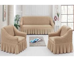 Furkanticaret Polyester Bürümcük Süngersiz Düz Giydirmeli Bej Üçlü Koltuk Örtüsü 80x120 cm