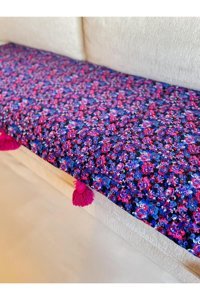 Macra Home Runner Pamuklu Örgü Ponponlu-Püsküllü Süngersiz Çiçek Desenli Mor Tekli Koltuk Örtüsü 175x60 cm