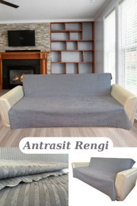 Kanway Kadife Süngerli Çizgili Krem Tekli Koltuk Örtüsü 175x210 cm