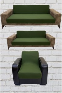 Şahane Ev Mikro Polyester Likralı Jakarlı Süngersiz Düz Giydirmeli Lastikli Haki Üçlü Koltuk Örtüsü 23x83 cm