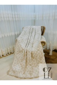Özlü Home Pamuklu - Polyester Örgü Saçaklı Süngersiz Çizgili Bej Tekli Koltuk Örtüsü 170x220 cm