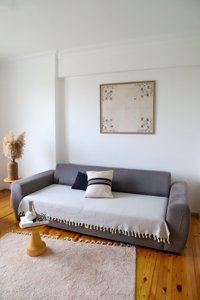 Koza Home Pamuklu - Polyester Saçaklı Süngersiz Çizgili Gri Tekli Koltuk Örtüsü 115x201 cm