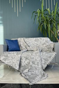 Homebiente Pamuklu saçaklı Süngersiz Geometrik Desenli Gri Tekli Koltuk Örtüsü 180x220 cm