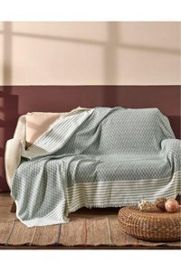 Çeyiz Diyarı Polyester Kanvas Saçaklı Süngersiz Armürlü Yeşil Üçlü Koltuk Örtüsü 170x200 cm