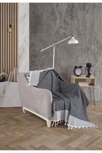Lux Touch Bergama Pamuklu Püsküllü Süngersiz Geometrik Desenli Siyah Tekli Koltuk Örtüsü 150x180 cm