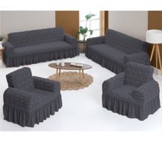 Halı Dünyası Pamuklu - Polyester Jakarlı Süngersiz Damask Desenli Giydirmeli Gri 3-3-1-1 Koltuk Örtüsü 180x230 cm