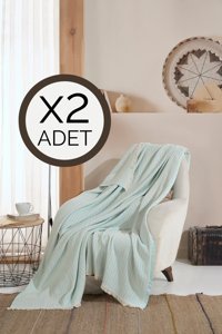 Lux Touch Vera Pamuklu Saçaklı Süngersiz Geometrik Desenli Yeşil İkili Koltuk Örtüsü 150x200 cm