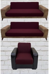 Şahane Ev Mikro Polyester Likralı Jakarlı Süngersiz Düz Giydirmeli Lastikli Bordo Üçlü Koltuk Örtüsü 75x55 cm