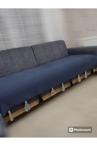Petek Home Pamuklu Örgü Püsküllü Süngersiz Geometrik Desenli Lacivert Üçlü Koltuk Örtüsü 90x210 cm