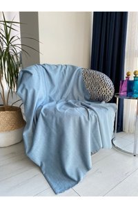 Koçhan Manifatura Pamuklu Jakarlı Süngerli Çizgili Mavi Tekli Koltuk Örtüsü 175x215 cm