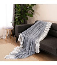 Dafne Moda Naturel Pamuklu Kanvas Saçaklı Süngersiz Armürlü Lacivert Üçlü Koltuk Örtüsü 170x210 cm