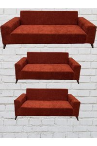 Şahane Ev Kadife Likralı Jakarlı Süngersiz Düz Giydirmeli Kiremit Üçlü Koltuk Örtüsü 230x140 cm