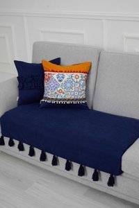 Aisha's Design KO-19-IK Polyester Örgü Püsküllü Süngersiz Düz Lacivert Tekli Koltuk Örtüsü 90x155 cm