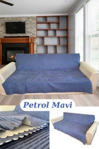 Uytm Kadife Polar Süngerli Çizgili Mavi Tekli Koltuk Örtüsü 175x210 cm