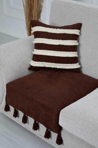 Aisha's Design KO-19-T Polyester Örgü Püsküllü Süngersiz Düz Kahverengi Tekli Koltuk Örtüsü 34x48 cm