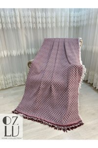 Özlü Home Pamuklu - Polyester Örgü Saçaklı Süngersiz Geometrik Desenli Bordo Tekli Koltuk Örtüsü 170x220 cm