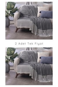 Lux Touch Olimpos Pamuklu Püsküllü Süngersiz Geometrik Desenli Siyah Tekli Koltuk Örtüsü 180x200 cm