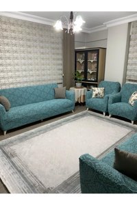 Özmakan Pamuklu Likralı Jakarlı Süngersiz Çiçek Desenli Giydirmeli Yeşil Dörtlü Koltuk Örtüsü 180x230 cm