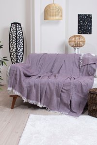 Ramsa Tekstil Naturel Pamuklu Örgü Saçaklı Süngersiz Geometrik Desenli Bordo Tekli Koltuk Örtüsü 170x210 cm