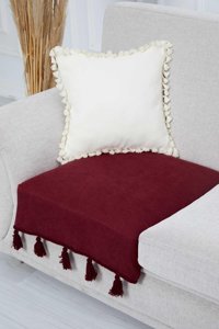 Aisha's Design KO-26-T Polyester Örgü Püsküllü Süngersiz Düz Bordo Tekli Koltuk Örtüsü 90x75 cm