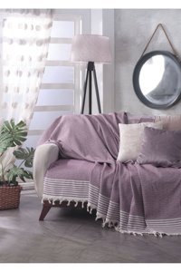 Lux Touch Bergama Pamuklu Püsküllü Süngersiz Geometrik Desenli Mor Tekli Koltuk Örtüsü 180x200 cm