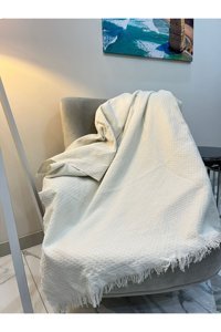 Divaldi Pamuklu - Polyester Kanvas Saçaklı Süngersiz Armürlü Ekru Tekli Koltuk Örtüsü 170x210 cm