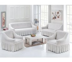 Uytm Polyester Bürümcük-Likralı Drapeli Süngerli Çizgili Giydirmeli Beyaz Dörtlü Koltuk Örtüsü 180x230 cm