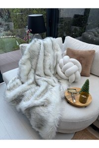 Sevaradekor Kürklü Peluş-Tüylü Süngersiz Leopar Desenli Siyah Tekli Koltuk Örtüsü 200x75 cm