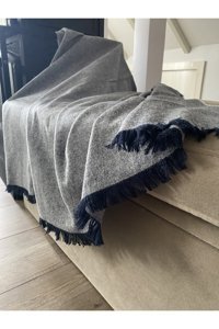 Jumbo Home Pamuklu Saçaklı Süngersiz Çizgili Lacivert Tekli Koltuk Örtüsü 70x150 cm