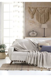 By Ballı Biocotton Pamuklu Kanvas Püsküllü Süngersiz Armürlü Bej Üçlü Koltuk Örtüsü 170x210 cm