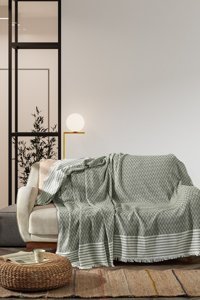 Vagonik Pamuklu Polar Saçaklı Süngersiz Çizgili Haki Tekli Koltuk Örtüsü 170x210 cm