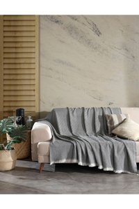 Denia Home Textile Pamuklu Kanvas Saçaklı Süngersiz Armürlü Siyah Üçlü Koltuk Örtüsü 200x230 cm