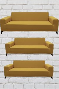 Şahane Ev Mikro Polyester Likralı Jakarlı Süngersiz Düz Giydirmeli Lastikli Hardal Üçlü Koltuk Örtüsü 55x13 cm