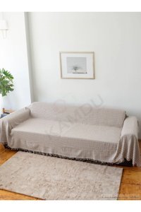 Xamantha Pamuklu Polar Saçaklı Süngersiz Geometrik Desenli Bej Tekli Koltuk Örtüsü 170x301 cm