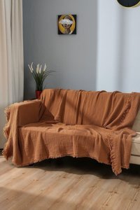 Oteks Home Collection Müslin Örgü Saçaklı Süngersiz Armürlü Kahverengi Tekli Koltuk Örtüsü 200x200 cm