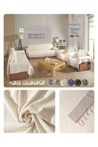 Lux Touch Bergama Pamuklu Püsküllü Süngersiz Geometrik Desenli Kaymaz Ekru Dörtlü Koltuk Örtüsü 180x300 cm