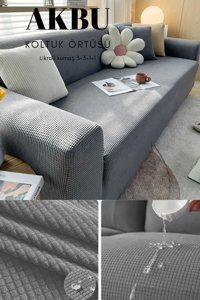 Akbu Polyester Likralı Süngersiz Pitikare Desenli Giydirmeli Lastikli Gri Dörtlü Koltuk Örtüsü 180x230 cm